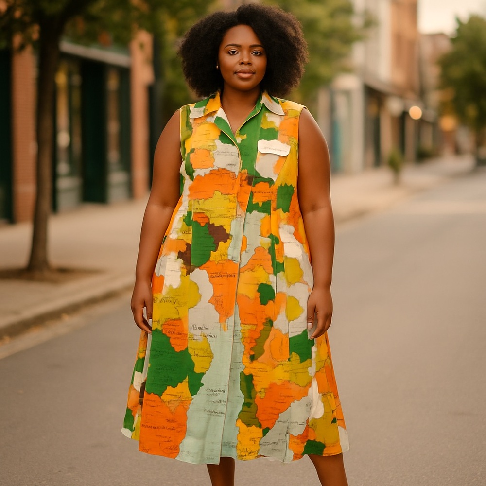 Orange and Green Sleeveless A-Line Midi Dress